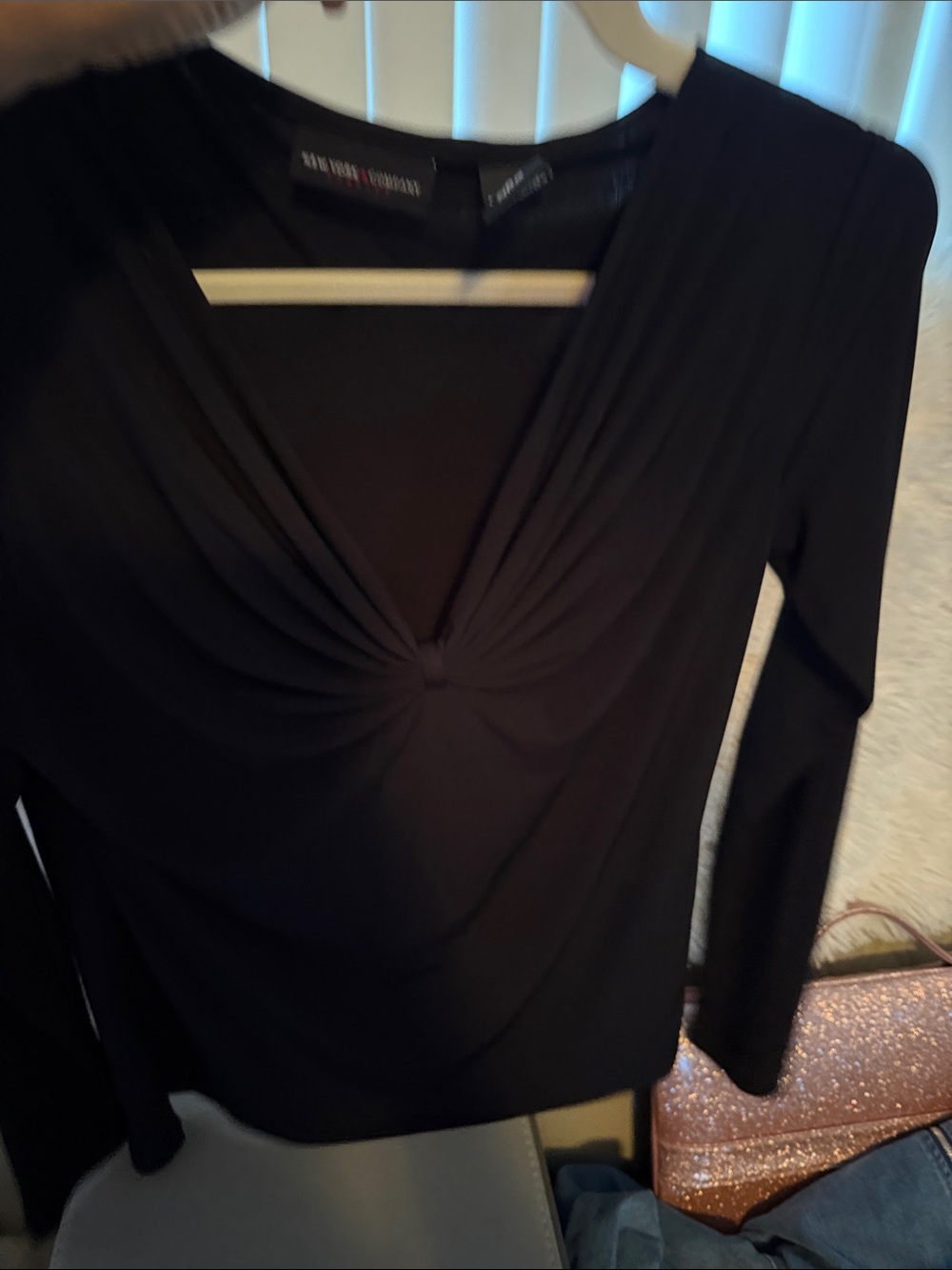 New York & Company Black Twist-Front Long Sleeve Top
